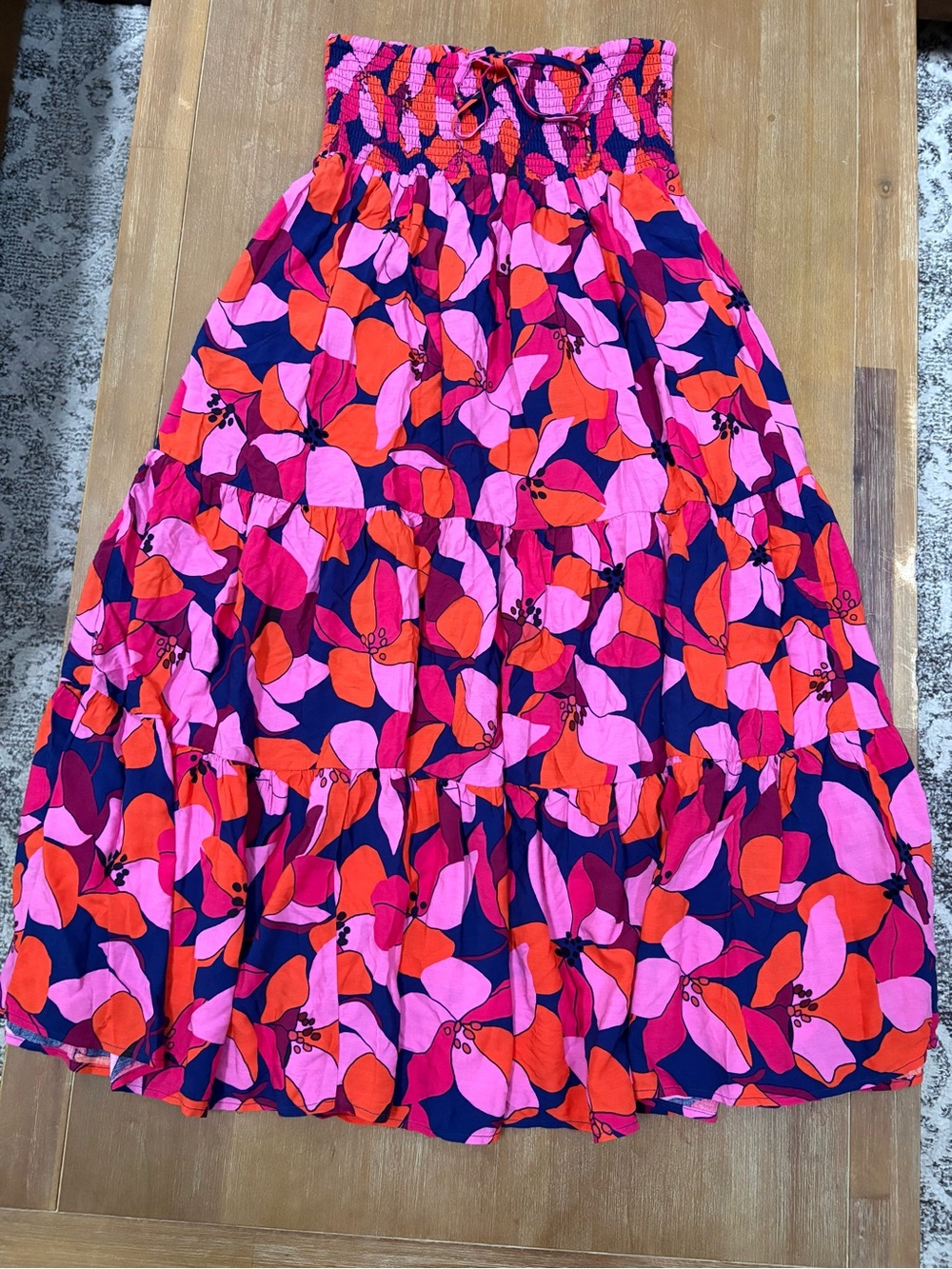 Smocked Waist Floral Maxi Skirt in Pink & Red
